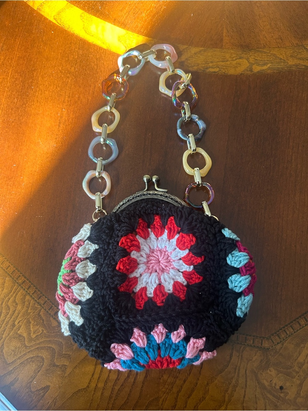 Handcrafted Black Multicolor Crochet Mini Bag with Acrylic Chain Handle